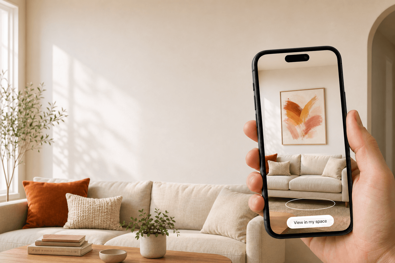 Shopper placing a framed art print on their living room wall using Flamey's AR viewer on a phone